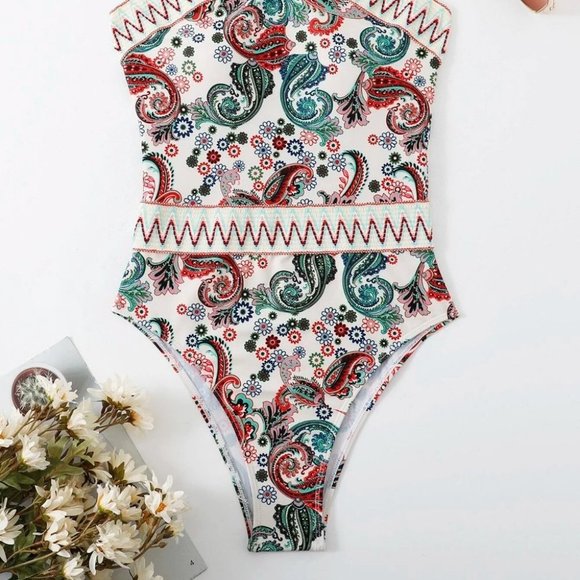 Boho Paisley Chevron Stripe Tape High Neck One Piece Swimsuit - Picture 7 of 8